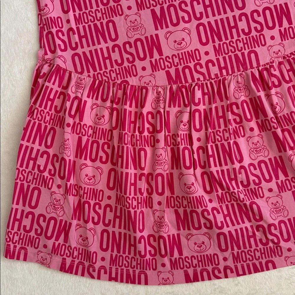 Moschino Teen | 2020 Teddy Bear Allover Logo Drop Waist High Low Dress Pink 14 - Picture 13 of 15